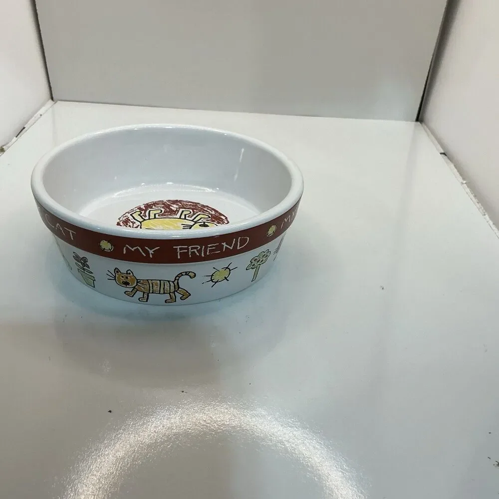 Signature Housewares Color Me Happy Cat Pet Bowl Stoneware 2009 My Cat My Friend